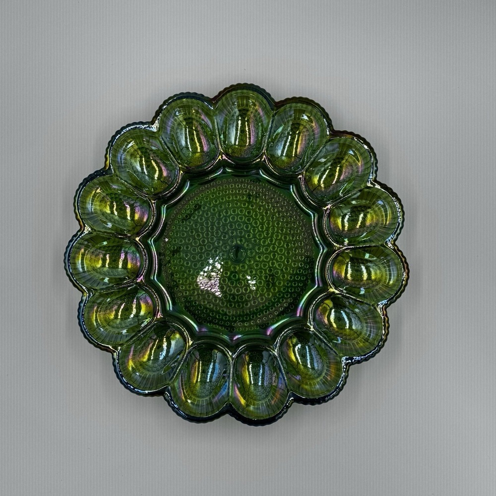 Vintage Indiana Glass Deviled Egg Plate Carnival Green Hobnail 11" 1960s